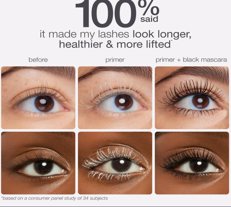 Before and after comparison of eye lashes with primer and mascara on a white background.